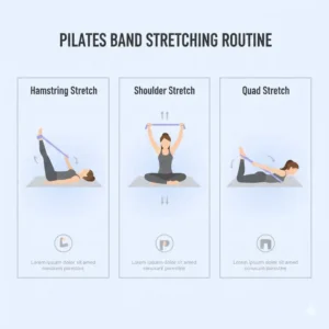 A visual guide to a deep muscle stretching routine using pilates bands at home.