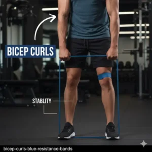Close-up of an athlete performing bicep curls with heavy-duty blue exercise bands.