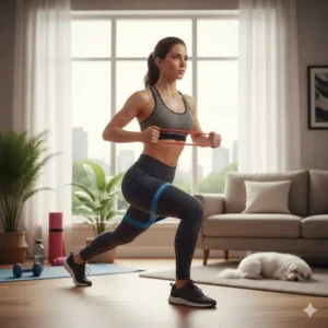 An athlete performing lunges and upper body exercises using custom resistance bands at home.