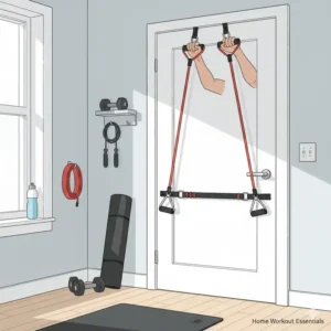 A compact home gym setup featuring red resistance bands anchored to a door frame.