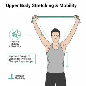 Upper body mobility exercises and shoulder stretches using a light superband resistance band.