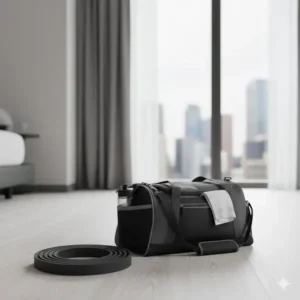 A coiled black exercise band sitting next to a gym bag and water bottle, highlighting its portability for travel workouts.