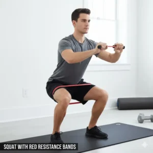 A fitness enthusiast doing deep squats while using a red resistance band weight.
