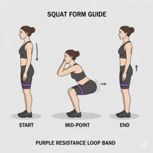 Instructional guide on how to maintain proper squat form using a purple exercise band.