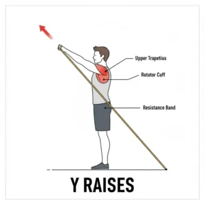 Side view illustration of a person doing "Y" raises with a rotator cuff resistance band for shoulder health.
