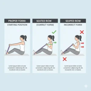 Educational graphic comparing correct and incorrect form when using pilates bands at home.