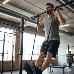 A black exercise band looped over a pull-up bar providing assistance to a person performing a chin-up.
