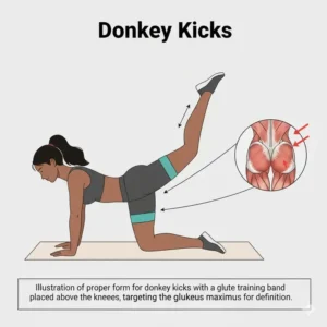 A form guide illustration for donkey kicks exercise enhanced by a glute training band.