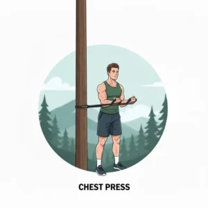 Performing a chest press exercise anchored to a tree using mountain resistance bands.