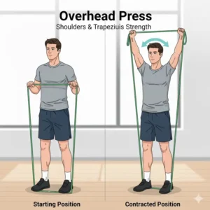 Overhead press technique using a resistance band for theraband shoulder exercises.