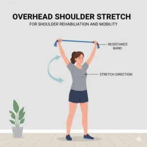 A patient performing an overhead stretch with shoulder rehabilitation bands to increase range of motion.