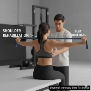 A patient in a clinic using blue exercise bands for physical therapy and shoulder rehabilitation.