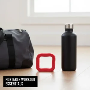 A compact and travel friendly red resistance band weight placed next to a gym bag.