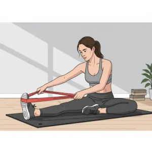 A fitness enthusiast using a red resistance bands to assist with a deep hamstring stretch on a yoga mat.