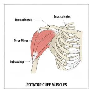 Anatomical diagram showing the specific shoulder muscles engaged when using a rotator cuff resistance band.