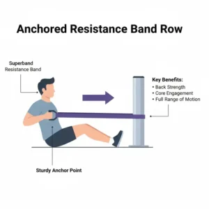 A superband resistance band anchored to a pole for seated rowing and back exercises.