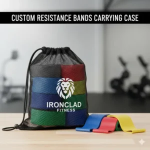 A branded mesh storage bag containing a neatly folded set of custom resistance bands.