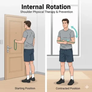 Using a door anchor for internal rotation during theraband shoulder exercises.