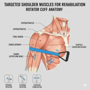 Anatomical diagram showing the rotator cuff muscles targeted by shoulder rehabilitation bands.