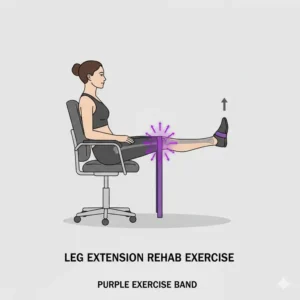 A physical therapy session demonstrating knee rehabilitation exercises with a purple exercise band.