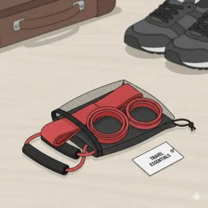 red resistance bands folded neatly into a small black mesh travel pouch to show portability.