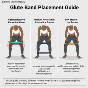 A visual guide showing the correct leg placement for a glute training band to maximize resistance.