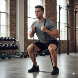 A person in a deep squat position holding a black exercise band under their feet and over their shoulders.