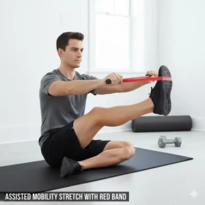 A person using the red resistance band weight for assisted hamstring and shoulder stretching.