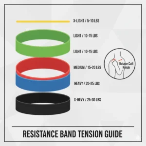 A comparison chart of different colors and strength levels for a rotator cuff resistance band kit.