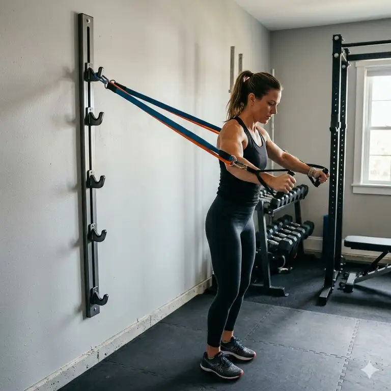 A professional home gym setup featuring the best wall mount for resistance bands for full body workouts.