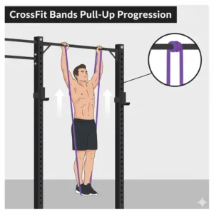 An illustration showing how to loop crossfit bands around a pull-up bar for guided resistance.
