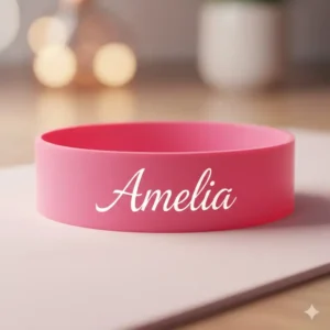 A close-up of pink personalized exercise bands featuring a custom name for a fitness gift.