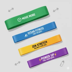 A collection of various colorful personalized resistance bands featuring different corporate branding.