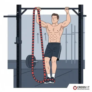 Instructional diagram showing how to perform assisted pull-ups using crossfit resistance bands on a bar.