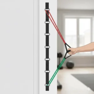 A full view of the strap system showing multiple attachment points of the multi position door anchor for resistance bands.