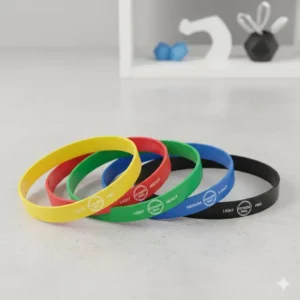 A colorful set of latex custom resistance bands with logo showing different tension levels.