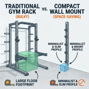 Comparison showing a compact design of the best wall mount for resistance bands versus traditional gym equipment.