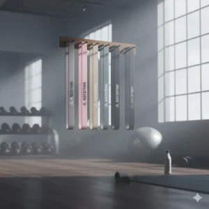 Multiple colors of personalized exercise bands hanging in a modern fitness studio.