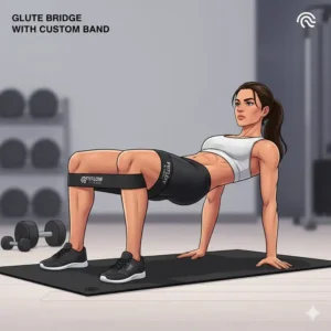 An athlete performing a glute bridge workout using heavy resistance custom exercise bands.