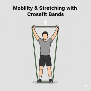 A person performing a shoulder mobility stretch using green crossfit bands for flexibility.