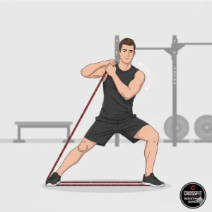 An athlete demonstrating dynamic shoulder mobility and flexibility stretches using crossfit resistance bands.