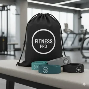 A black drawstring carrying bag and matching custom resistance bands with logo on a workout bench.
