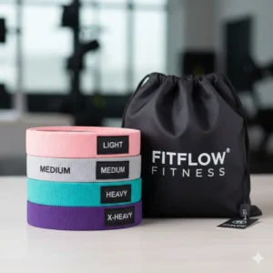 A premium set of custom exercise bands neatly organized in a branded carry bag.