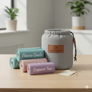 A set of personalized resistance bands packaged in a custom gift bag with aesthetic labels.