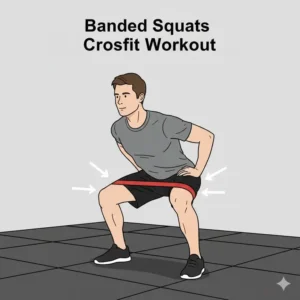 An athlete performing squats with crossfit bands looped around their knees to increase glute activation.