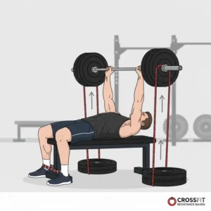 Visual guide of a bench press workout with crossfit resistance bands attached to the barbell for variable resistance.