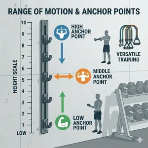 Graphic illustrating different height anchor points on the best wall mount for resistance bands for various exercises.