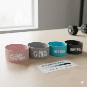 Different textures and materials of personalized exercise bands showing various resistance levels.