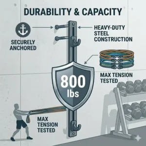 Heavy-duty steel construction and weight capacity of the best wall mount for resistance bands.