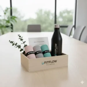 A corporate wellness gift box featuring personalized custom exercise bands and fitness gear.